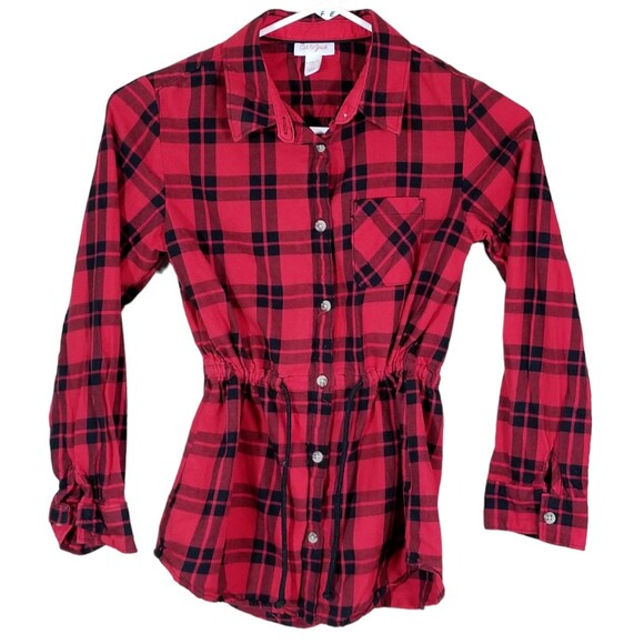 Girl's Christmas Red Black Plaid Tunic Girl's Long Sleeve Shirt Lg 10-12 Buttons - Picture 1 of 4